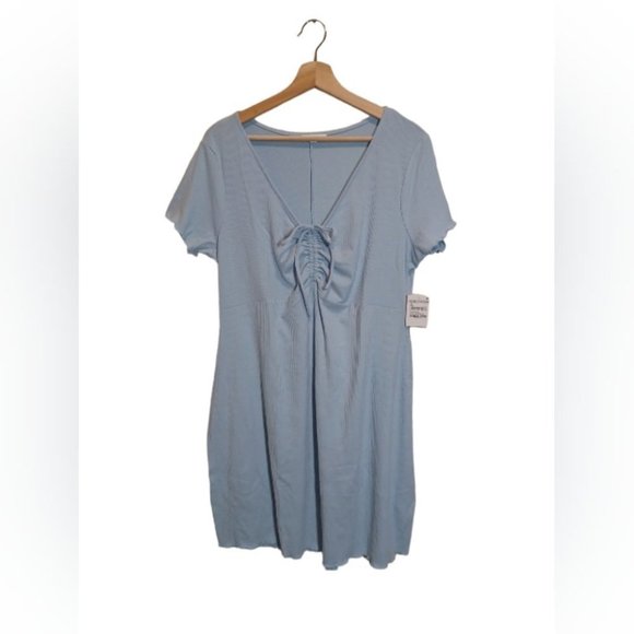 BP. Blue Tie Front Lettuce Edge  Rib Dress - Picture 2 of 8